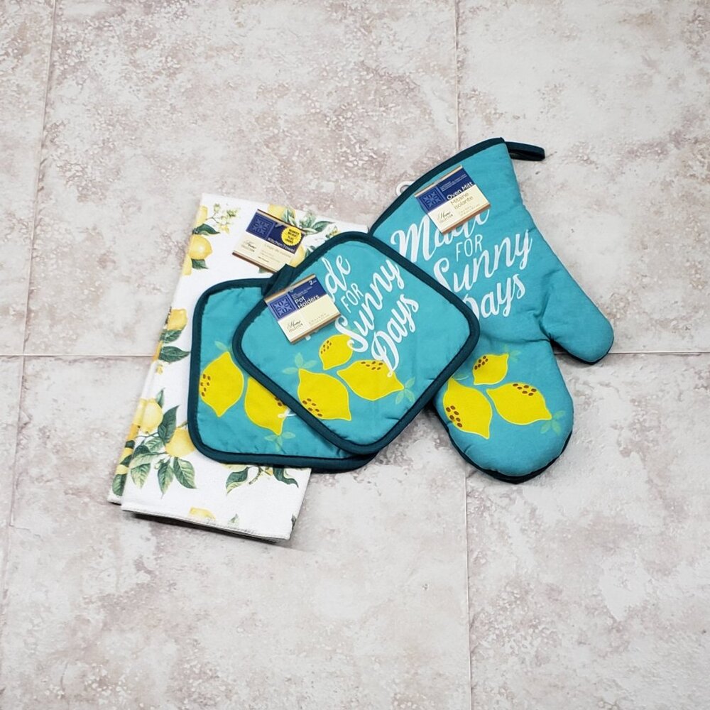 4 Pc Dish Towel Oven Mitt Pot Holders Set Home Collection Kitchen Lemon Print